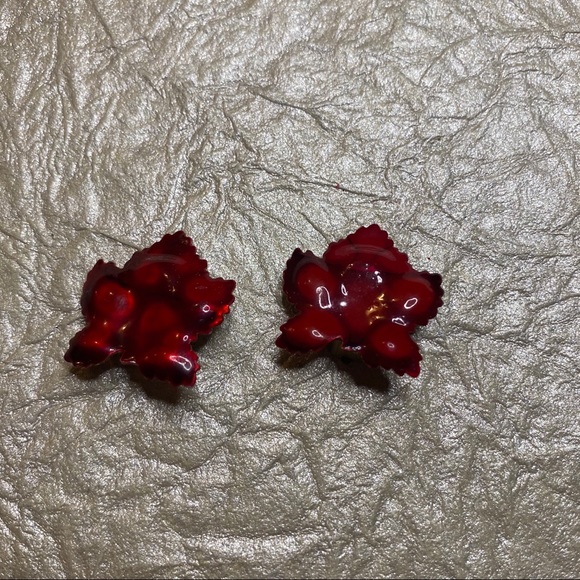 Vintage W. Germany Red Leaf Clip On Earrings - Picture 4 of 7